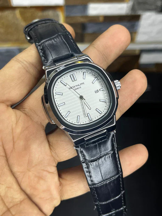 Patek Nautilus Leather Strap Master Lock - Black-White