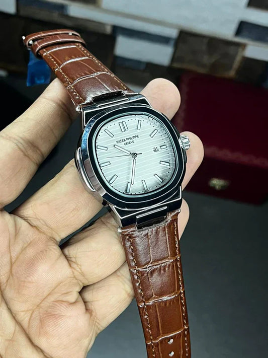 Patek Nautilus Leather Strap Master Lock - Brown-White