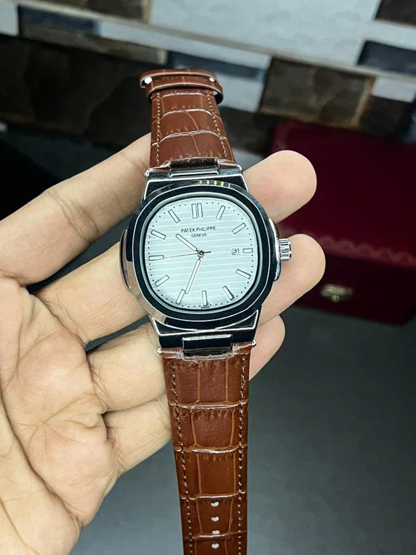 Patek Nautilus Leather Strap Master Lock - Brown-White