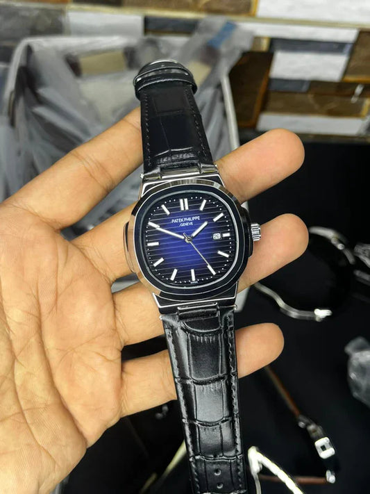 Patek Nautilus Leather Strap Master Lock - Black Blue