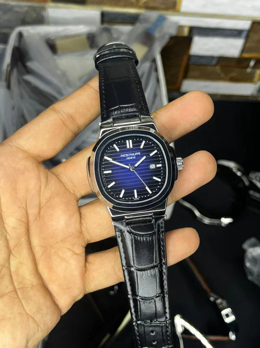Patek Nautilus Leather Strap Master Lock - Black Blue