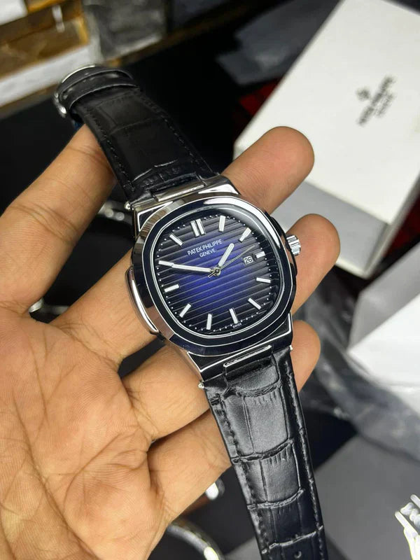 Patek Nautilus Leather Strap Master Lock - Black Blue