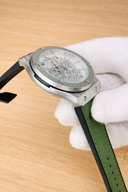 Hublot Skeleton Leather Straps - Premium Watch - Silver Green