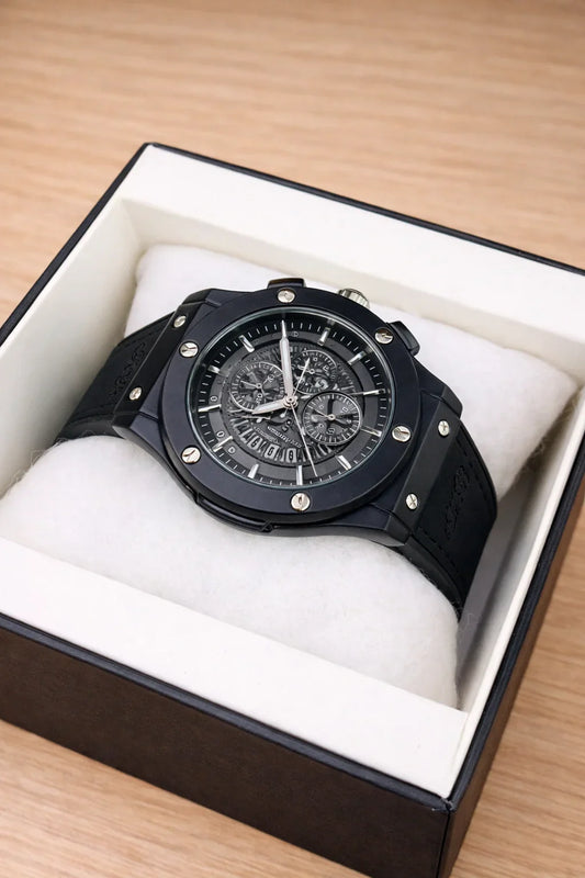 Hublot Skeleton Leather Straps - Premium Watch - Full Black