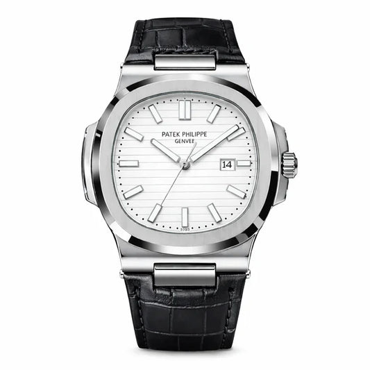 Patek Nautilus Leather Strap Master Lock - Black-White