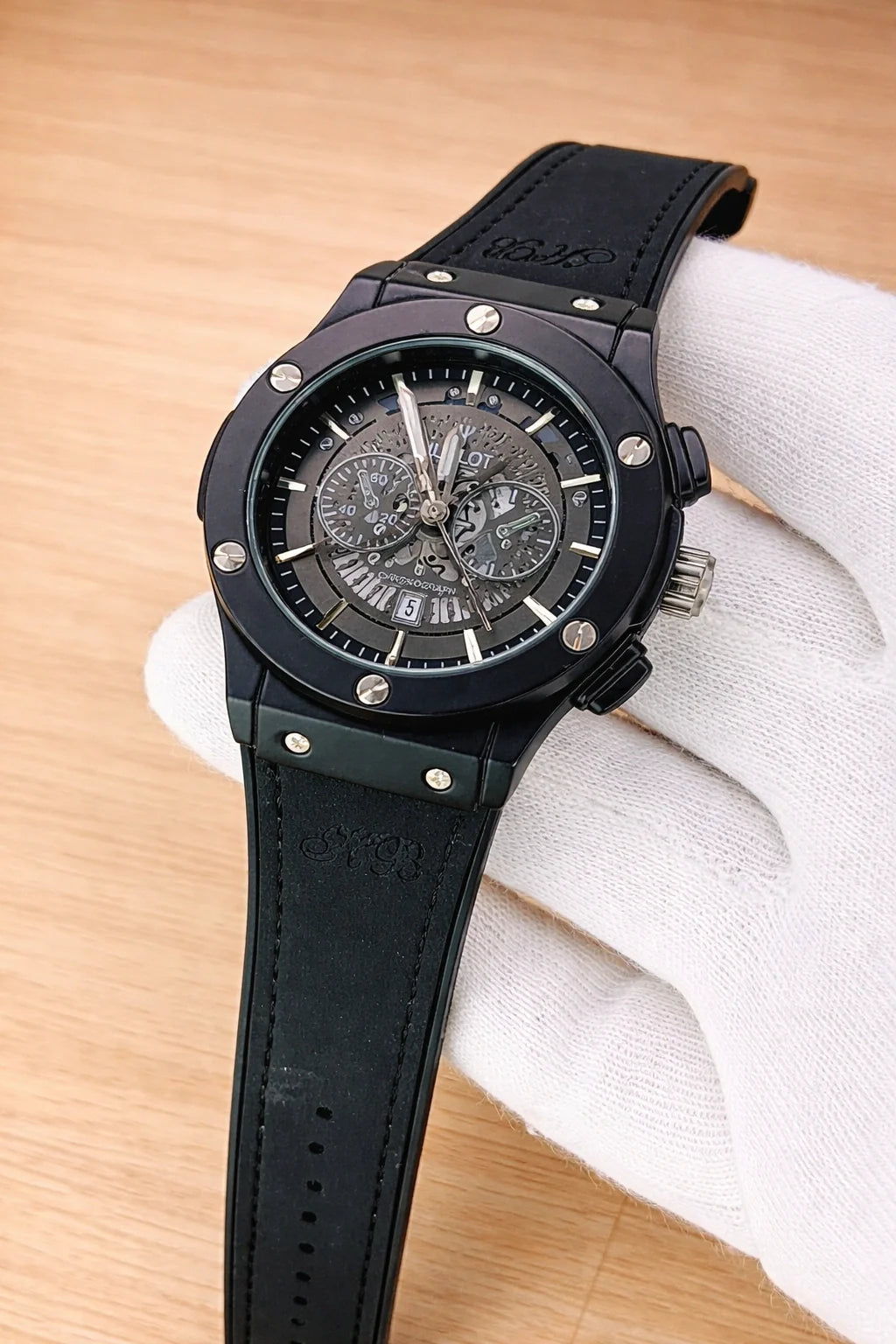 Hublot Skeleton Leather Straps - Premium Watch - Full Black