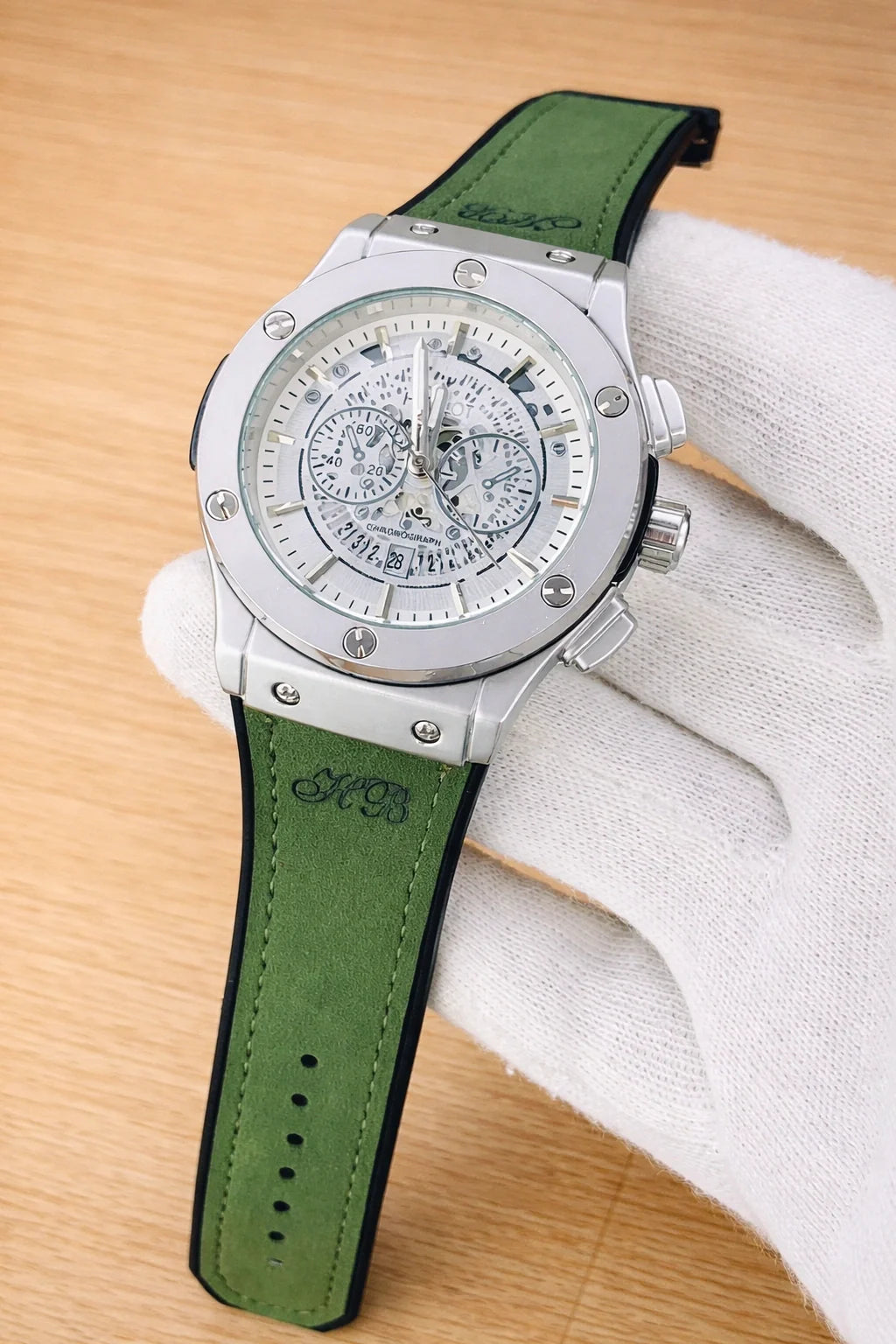 Hublot Skeleton Leather Straps - Premium Watch - Silver Green