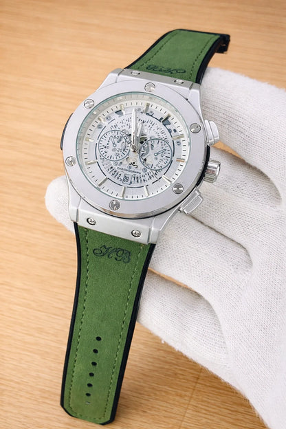 Hublot Skeleton Leather Straps - Premium Watch - Silver Green