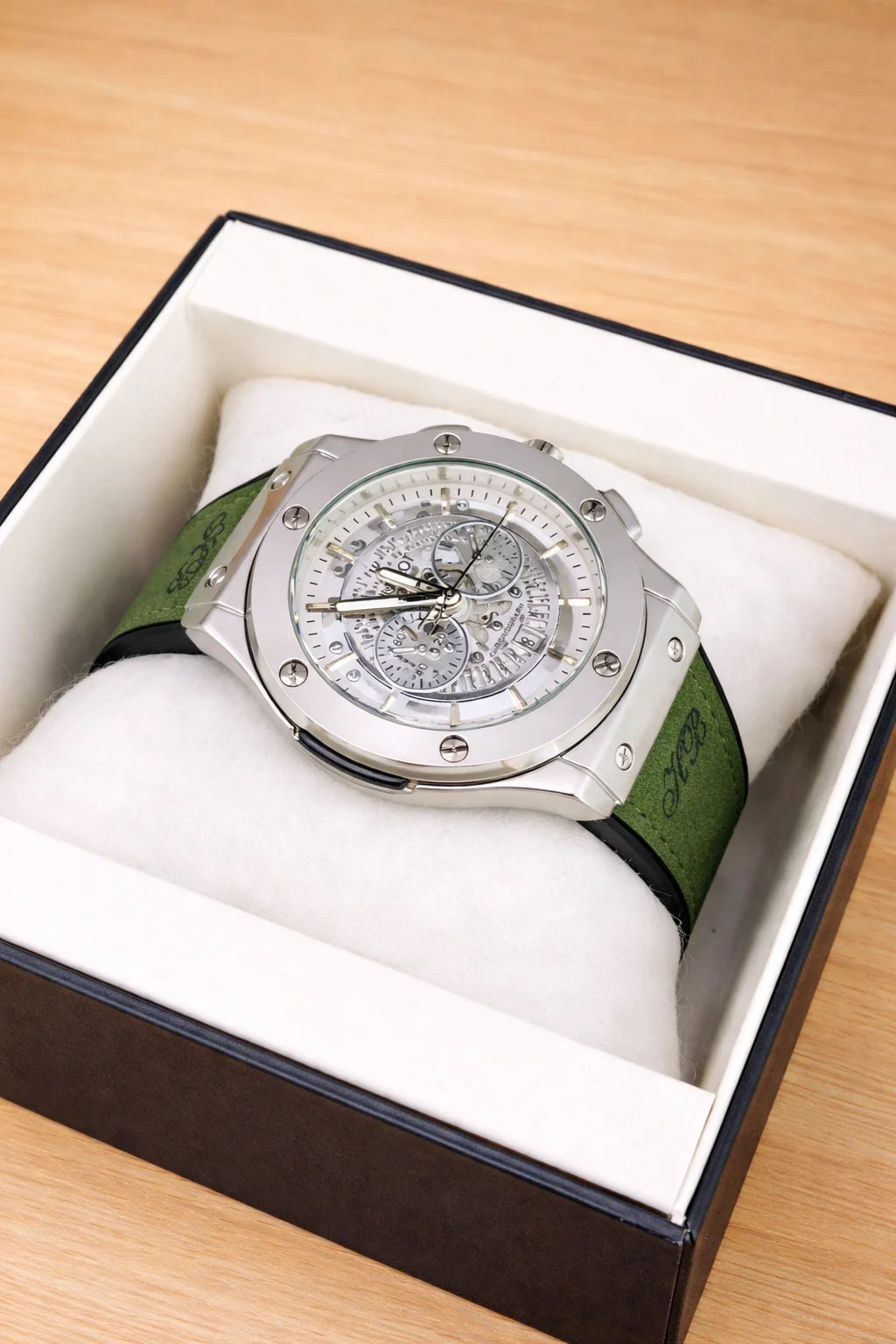 Hublot Skeleton Leather Straps - Premium Watch - Silver Green